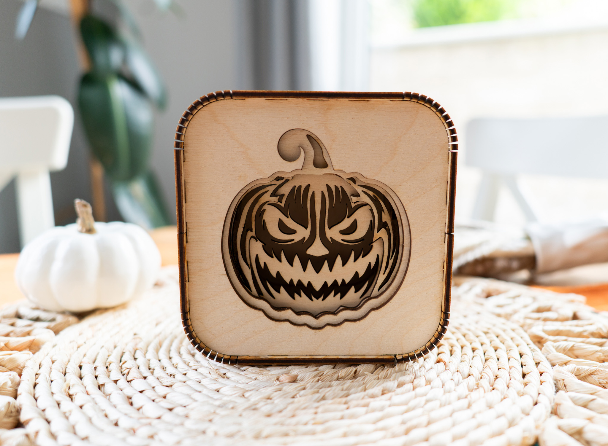 3D Dřevěná Halloweenská lucerna – Jack-o'-lantern s LED svíčkou