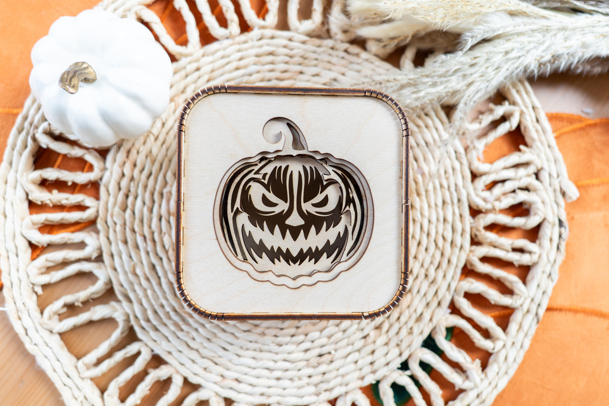 3D Dřevěná Halloweenská lucerna – Jack-o'-lantern s LED svíčkou
