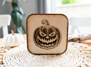 3D Dřevěná Halloweenská lucerna – Jack-o'-lantern s LED svíčkou